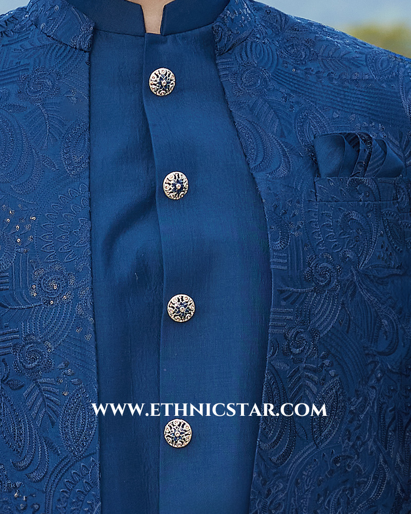Designer Blue Embroidered Jodhpuri With Jacket